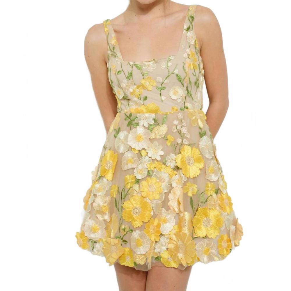 NEW INA sleeveless 3d floral embroidered mini dress in yellow